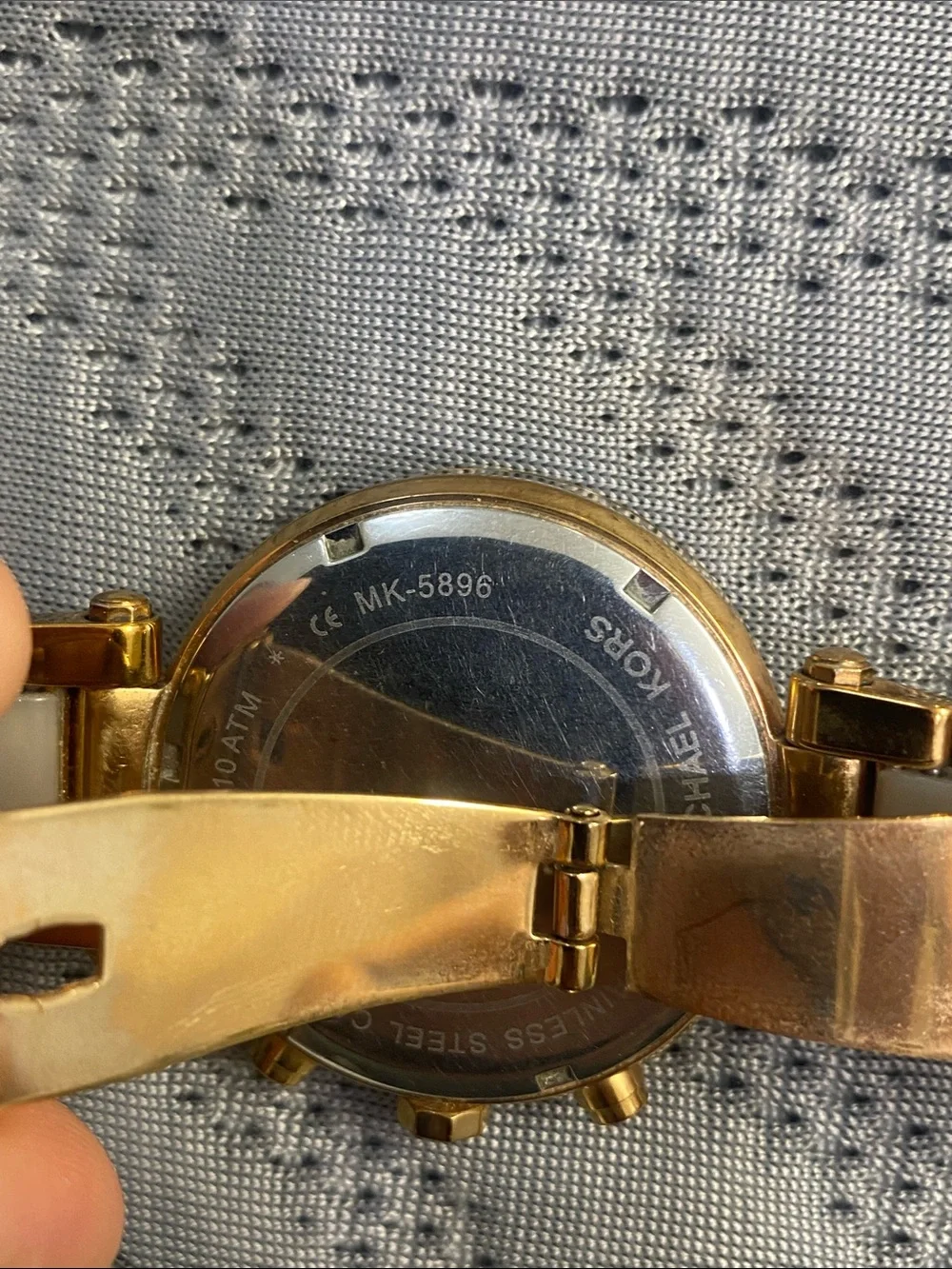 Michael Kors Gold Tone Watch with Pearl White Links and Pink Dial